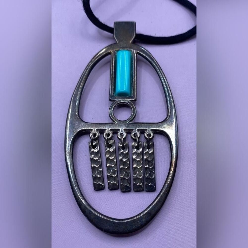 Vintage Modernist Pendant Necklace Silver Tone Turquoise  Oval Boho 30” *Read*